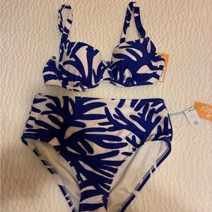 Kona Sol Blue and White Coral design Bikini Set